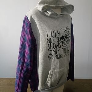 SOLD Upcycled Grey Hoodie with Purple Plaid Sleeves - Graphic Skull Print